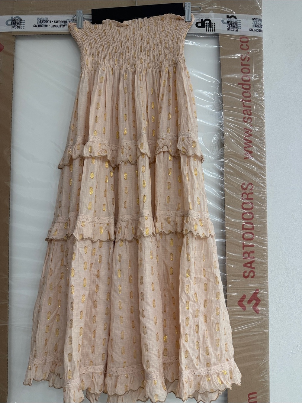 Smocked Tiered Maxi Skirt in Blush with Gold Accents - Picture 2 of 6